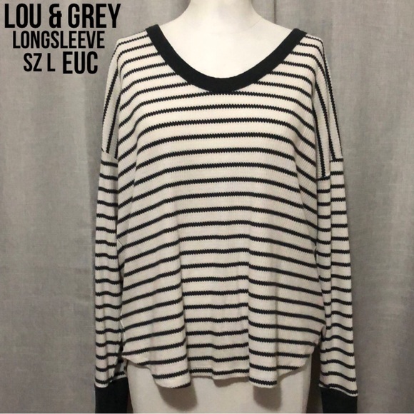 Lou & Grey Striped Thermal LongSleeve-Sz L-Relaxed Boxy Fit-Spruce Green-Cotton - Picture 1 of 14
